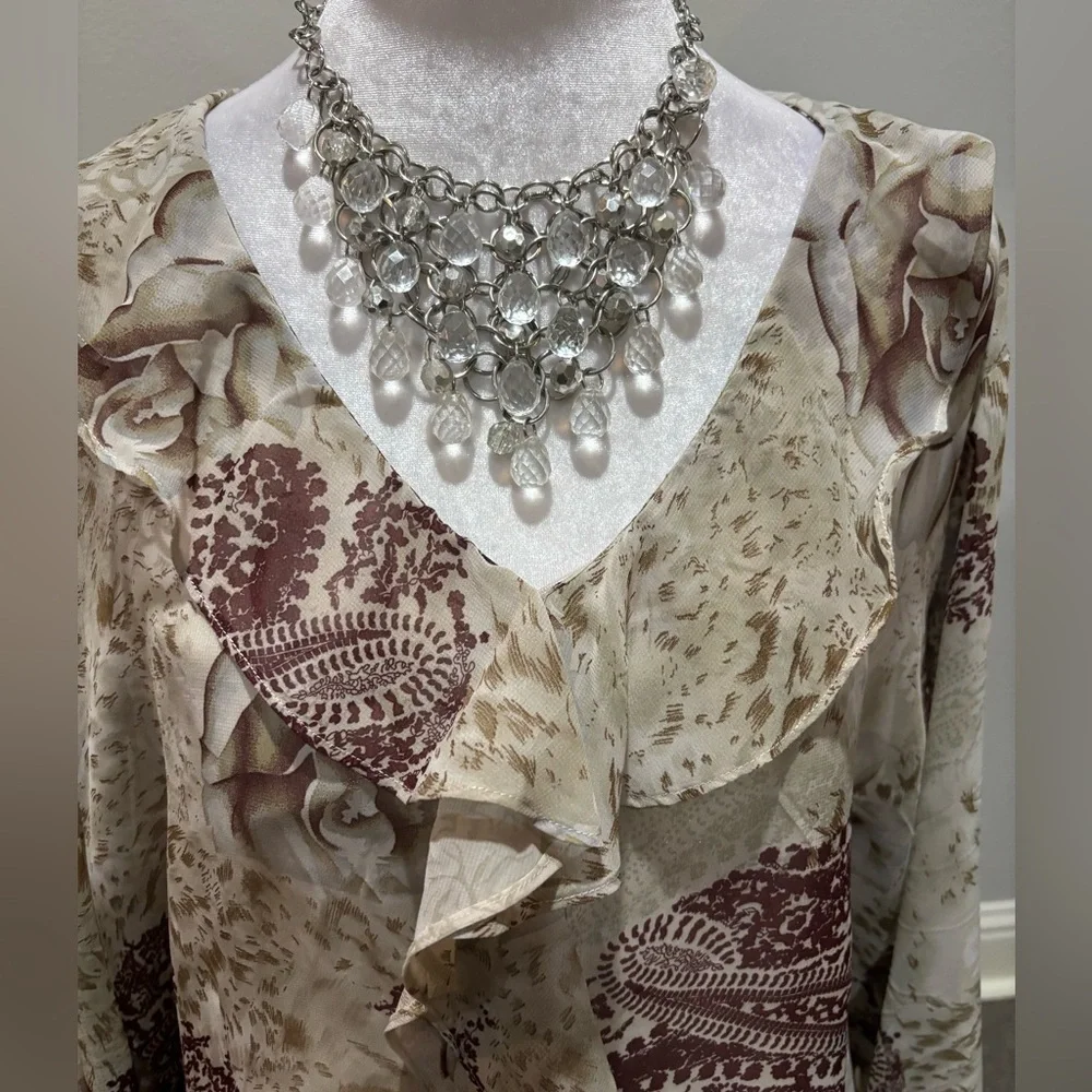 New Selene ruffle chiffon blouse plus tank brown paisley floral print NWT 2X top - Picture 2 of 8